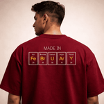 Made in February Oversized T-Shirt for Men | Periodic Table Birthday Tee | Back Print Maroon Loose Fit T-Shirt