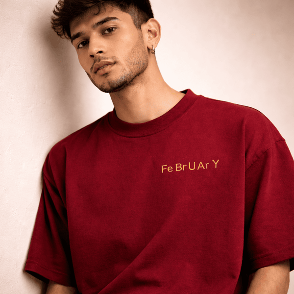 Made in February Oversized T-Shirt for Men | Periodic Table Birthday Tee | Back Print Maroon Loose Fit T-Shirt