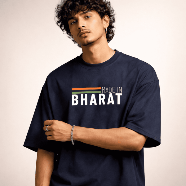 "Made in Bharat" Patriotic Oversized T-Shirt - Navy Blue Premium Cotton Streetwear