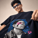 "Urban Expression" Abstract Portrait Oversized T-Shirt - Navy Blue Designer Streetwear