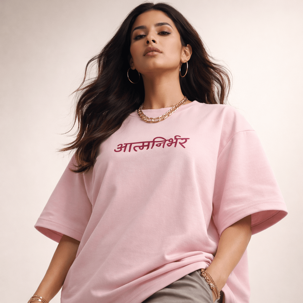 Atmanirbhar Oversized T-Shirt for Women | Self Independent Graphic Tee | Half Sleeve Pink Loose Fit Tee - Soch Dost