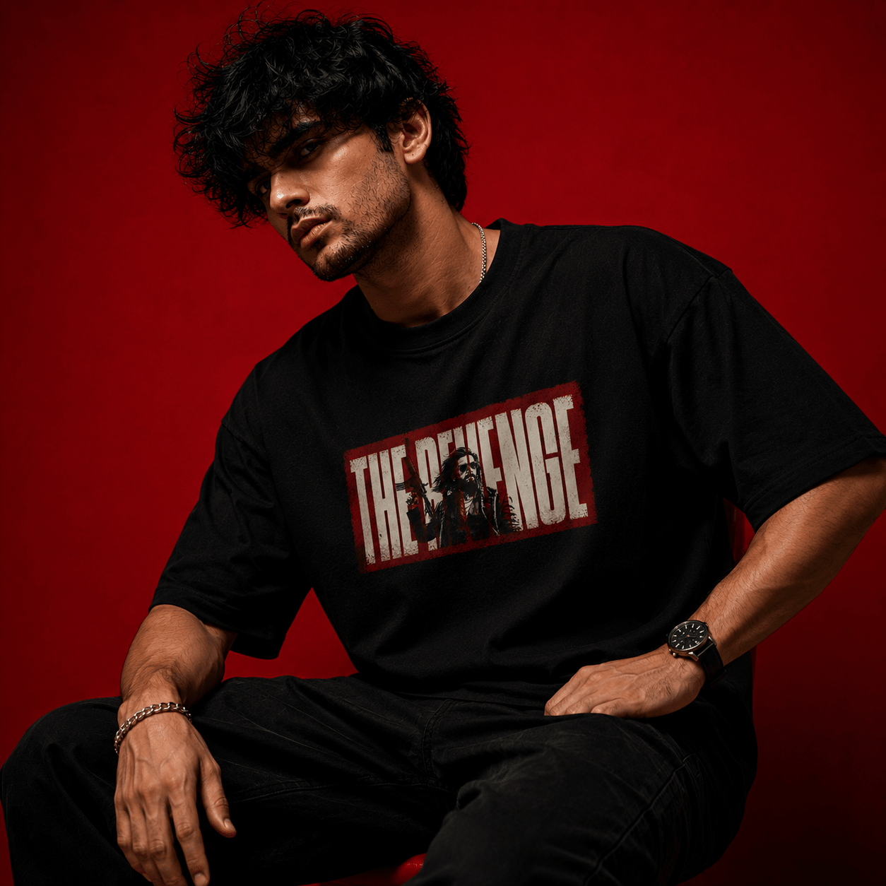 THE REVENGE Oversized Black T-Shirt - Soch Dost