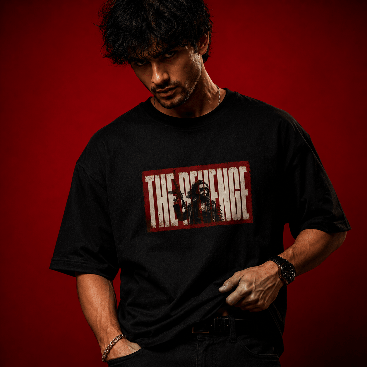 THE REVENGE Oversized Black T-Shirt - Soch Dost