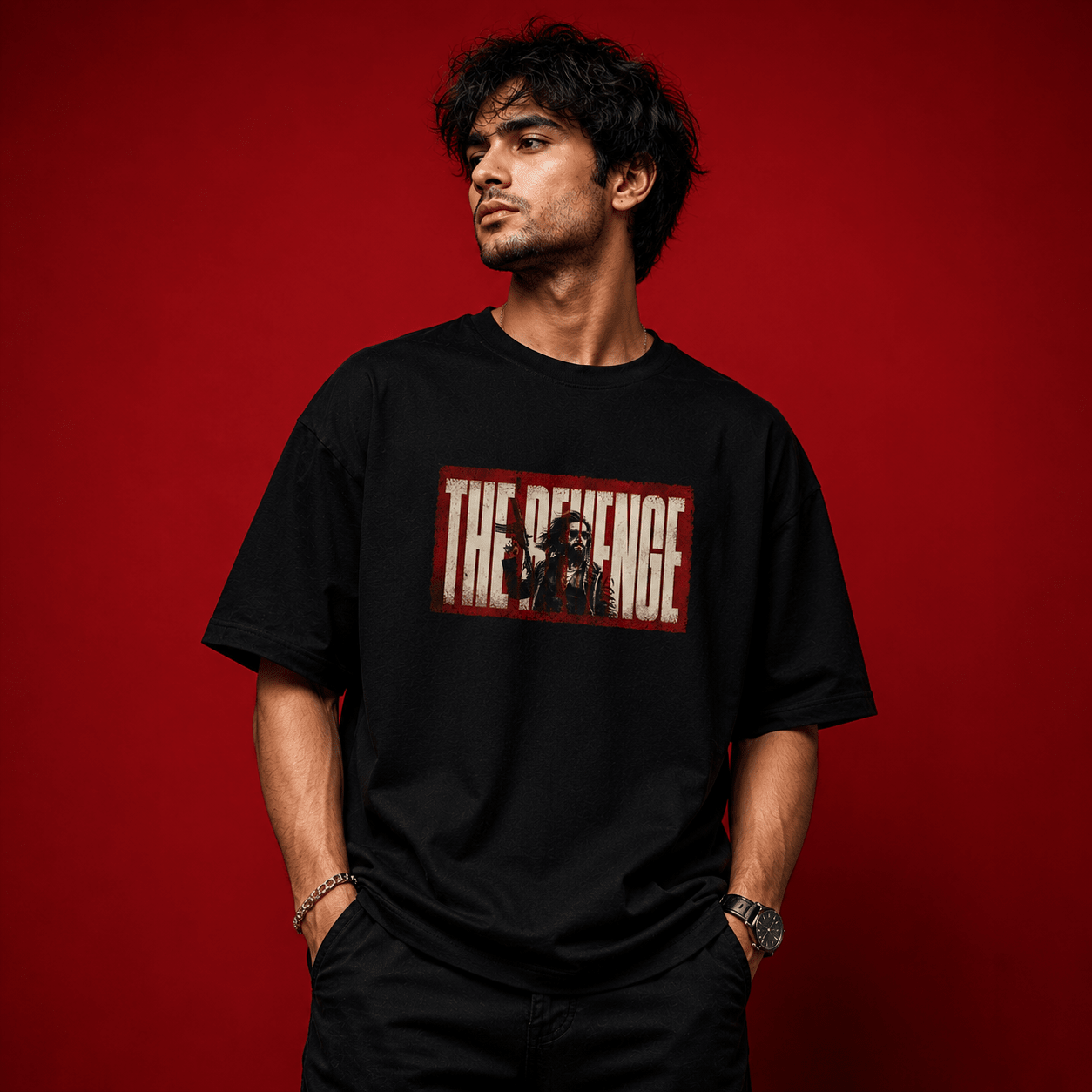 THE REVENGE Oversized Black T-Shirt - Soch Dost