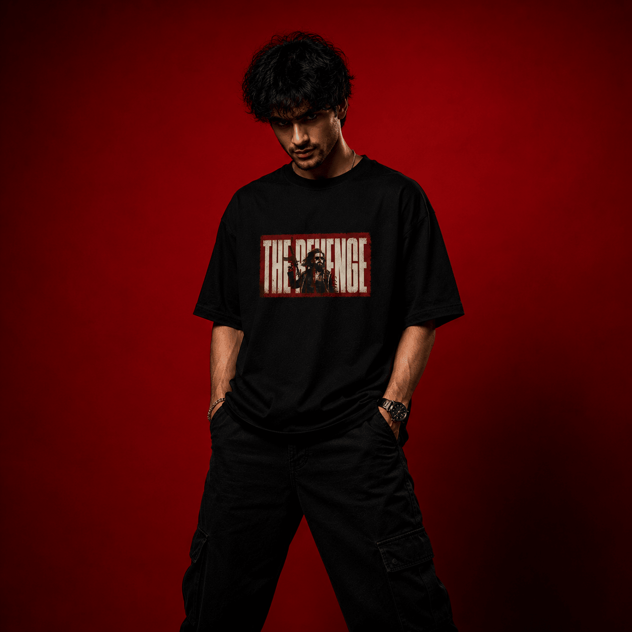THE REVENGE Oversized Black T-Shirt - Soch Dost